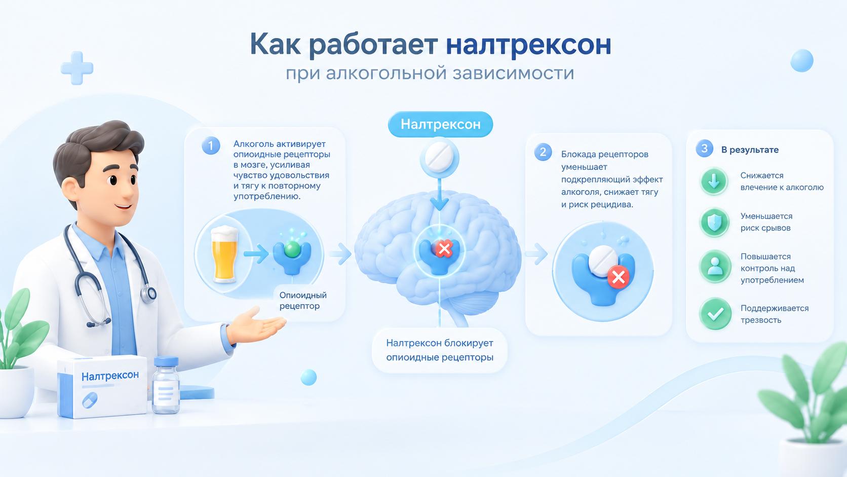 Инфографика о механизме действия налтрексона при алкогольной зависимости: препарат блокирует опиоидные рецепторы и может снижать подкрепляющий эффект алкоголя и выраженность тяги.